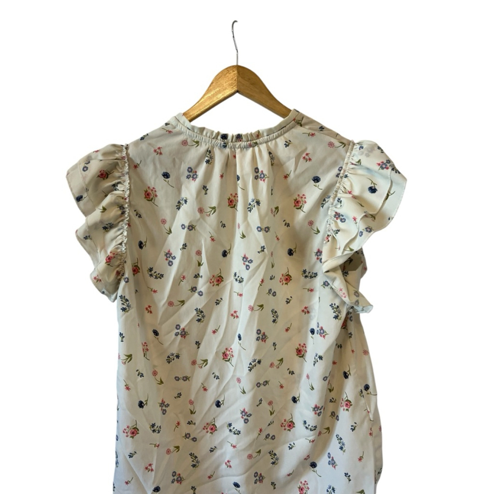 Women’s Blouse Printed Large Cream Flutter Short Sleeve Top Shirt L - Picture 4 of 8